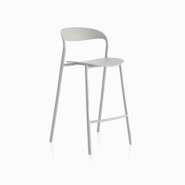 Der HAWI Barhocker (H65) (weiß) ist ein moderner, minimalistischer, weißer Barhocker mit geschwungener Rückenlehne und vier schlanken Beinen, inspiriert durch den eleganten Stil von Lapalma.