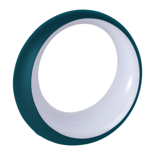 Die Hoopik Leuchte (Acapulcoblau) ist eine moderne, runde kabellose LED-Lampe mit tealem Rahmen und weißem Ring, ideal für eine stilvolle Outdoor-Beleuchtung.