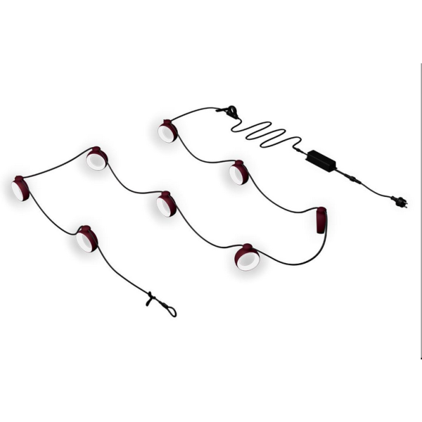 Sechs Hoopik Girlande (schwarzkirsche) runde Lichterketten mit schwarzen Kabeln, angeschlossen an einen Stromadapter, werden auf weißem Hintergrund gezeigt, perfekt als Outdoor-Lichterkette.