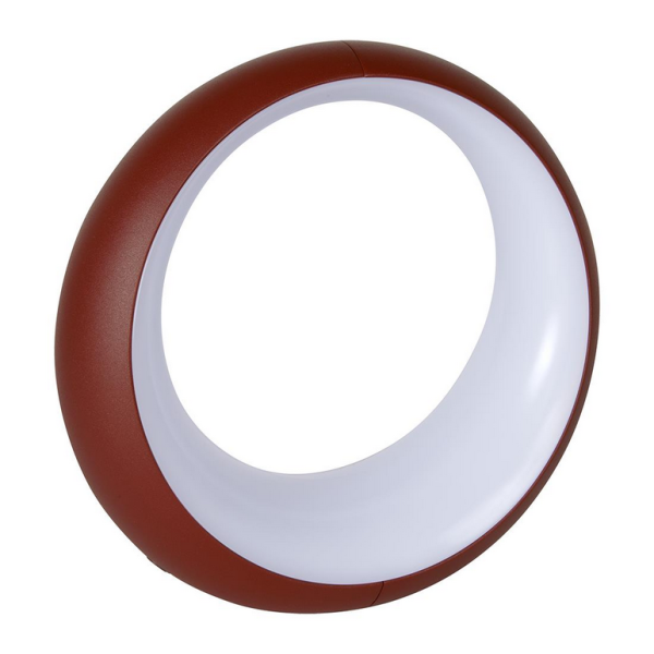 Die Hoopik Leuchte (Ockerrot) ist eine runde, rot-weiße, kabellose LED-Leuchte mit einem modernen, minimalistischen Design - ideal für die Außenbeleuchtung.
