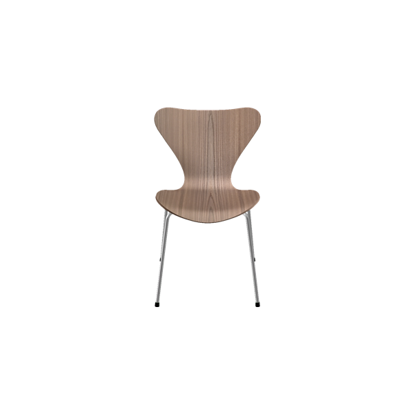 Der Jacobsen 3107 natur (Ulme) ist ein moderner Holzstuhl mit geschwungener Rückenlehne und Metallbeinen, inspiriert durch das ikonische Design des Arne Jacobsen 3107 (von vorne).