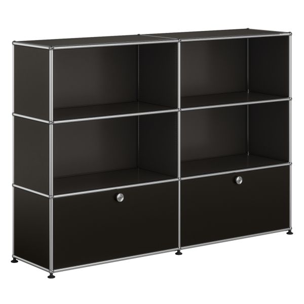 Graphitschwarzes USM Haller Highboard mit 2 Klapptüren und 4 Fächern - ideal für Liebhaber modularer Möbel.