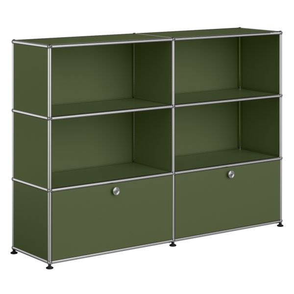 USM Haller Highboard in Olivgrün mit 4 offenen Fächern und 2 Klapptüren - inspiriert vom klassischen USM Haller Sideboard.