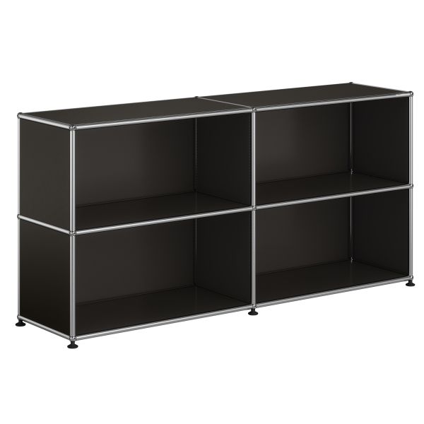 Das USM Haller Sideboard mit 4 Fächern in Graphitschwarz überzeugt mit silbernem Rahmen, offenem Frontdesign und kleinen Füßen - ein echter Designklassiker für moderne Räume.