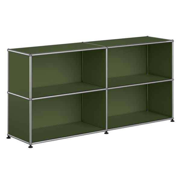 Das USM Haller Sideboard mit 4 Fächern in olivgrün, mit offenem Design und silbernem Rahmen, ist ein zeitloser Designklassiker für moderne Innenräume.