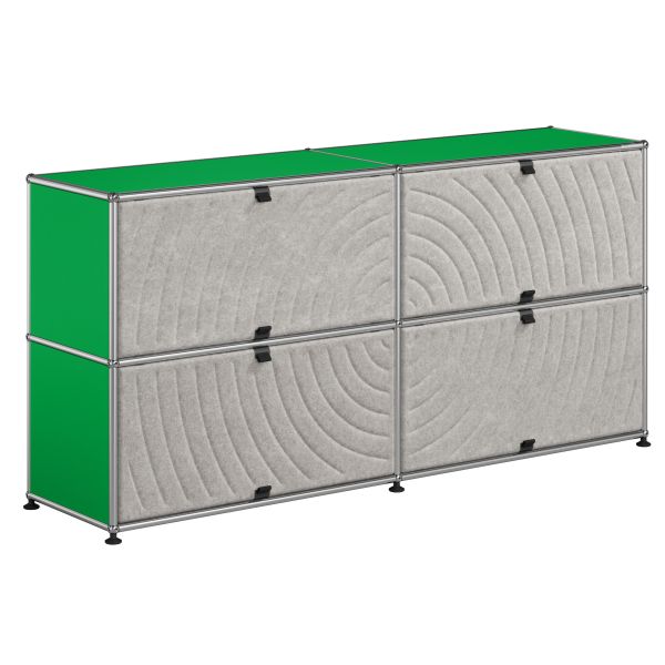 Das USM Haller Sideboard mit 4 Soft Panels (USM grün) hat eine grüne Oberfläche und graue, strukturierte Fronten - ein echter Designklassiker für moderne Räume.