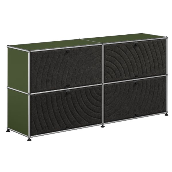 Das USM Haller Sideboard mit 4 Soft Panels (olivgrün) verfügt über einen schlanken Metallrahmen mit verstellbaren Füßen - ein Designklassiker für stilvolle, moderne Aufbewahrungslösungen.
