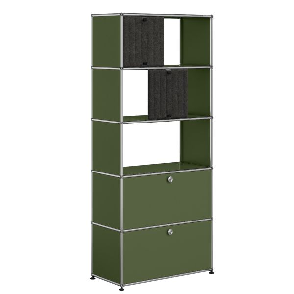 USM-Haller Regal mit 2 Soft Panel in olivgrün: Sechsteiliges Designklassiker-Regal mit zwei grauen Türen oben und zwei Schubladen unten - stilvolle Aufbewahrung für Ihr Zuhause.