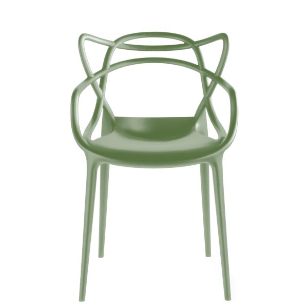 The Masters (salbeigrün) ist ein moderner grüner Kunststoffstuhl, der von Philippe Starcks ikonischem Design inspiriert ist und von vorne betrachtet eine geschwungene, verflochtene Rückenlehne und Armlehnen aufweist.