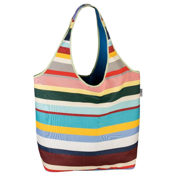 Die Multibag multicolor ist aus strapazierfähigem Acrylstoff gefertigt und verfügt über Querstreifen in den Farben Rot, Rosa, Gelb, Grün, Blau, Creme und Grau.