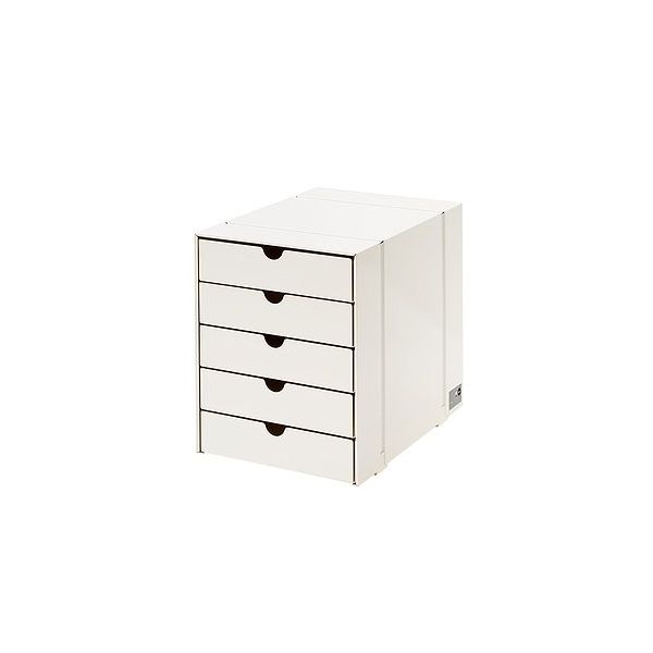 USM Haller Inos Kasten-Set C4 mit 5 Schubladen (reinweiss), ein weisser Kasten mit fünf Schubladen und Griffmulden auf weissem Grund.