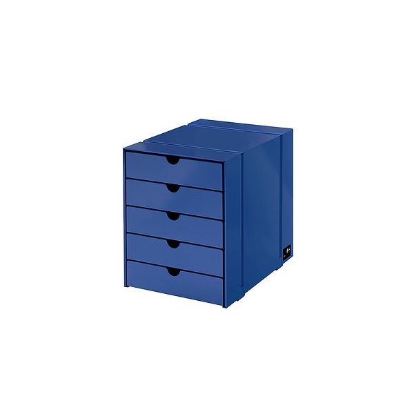 Abgebildet ist ein USM Haller Inos Kasten-Set C4 mit 5 Schubladen in Enzianblau, die jeweils mit einem Ausschnitt für den Fingerzug versehen sind, auf weißem Hintergrund.