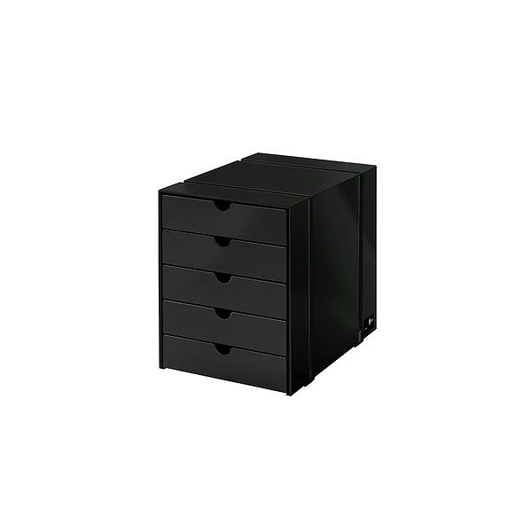 Das USM Haller Inos Kasten-Set C4 mit 5 Schubladen in graphitschwarz besticht durch sein schlankes, modernes Design, das vom USM Haller Möbelbausystem inspiriert ist und eine elegante Aufbewahrung auf dem Schreibtisch ermöglicht.