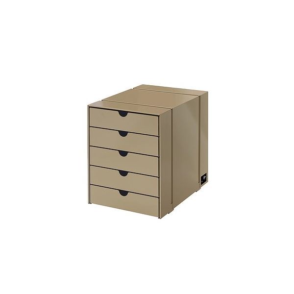 USM Haller Inos Kasten-Set C4 mit 5 Schubladen (USM beige), gezeigt aus schräger Perspektive und freigestellt vor weißem Hintergrund.