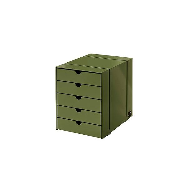Das USM Haller Inos Kasten-Set C4 mit 5 Schubladen in olivgrün zeichnet sich durch minimalistisches, modernes Design aus und ist auf weißem Hintergrund abgebildet.