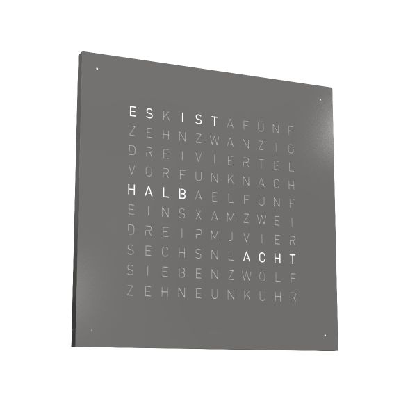 Die QLOCKTWO EARTH 45 Monochrome Edition (grey pepper) zeigt deutsche Wörter in einem Raster auf ihrem grauen Zifferblatt - eine markante quadratische Wanduhr in limitierter Auflage.