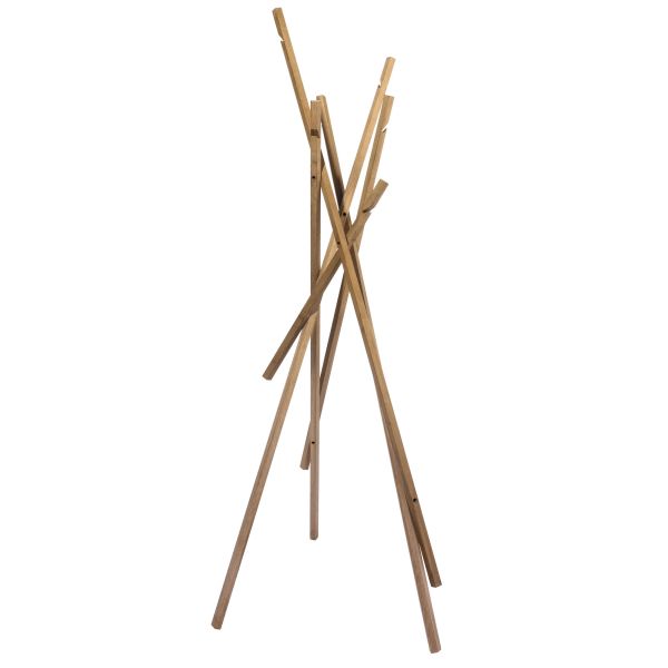 Die Sticks Garderobe verfügt über sich kreuzende Massivholzstäbe, die Ihrem Eingangsbereich einen modernen Touch verleihen. Abgebildet auf einem weißen Hintergrund.