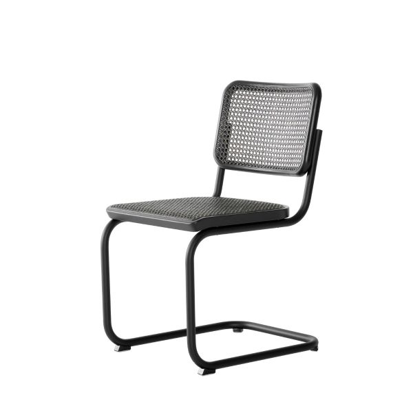 Der Freischwinger S 32 V dark melange verfügt über ein Netzgewebe in DARK MELANGE auf weißem Grund - ein klassisches Beispiel für Stahlrohr-Design.