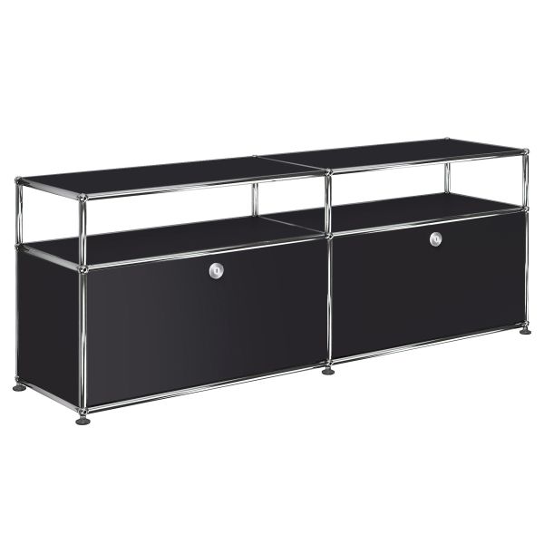 USM Haller Lowboard mit 2 Klappen und Aufbau in graphitschwarz , Schrägansicht