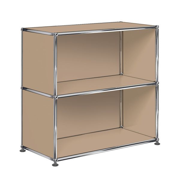 Das USM Haller Regal mit 2 Fächern in USM beige bietet stilvollen Stauraum und überzeugt als flexibles Möbelbausystem mit offenem Design und Metallrahmen.