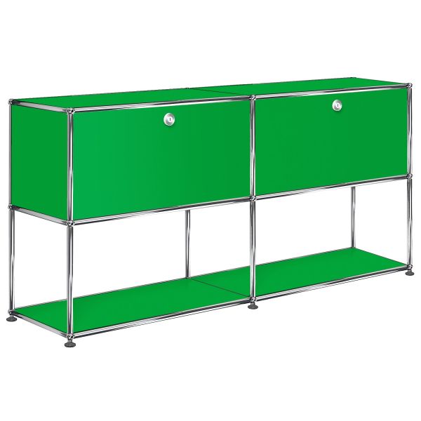 USM Haller Sideboard in USM grün mit zwei geschlossenen Fächern oben und zwei offenen Regalen unten - ideal für moderne Aufbewahrung mit 2 offenen Fächern unten.