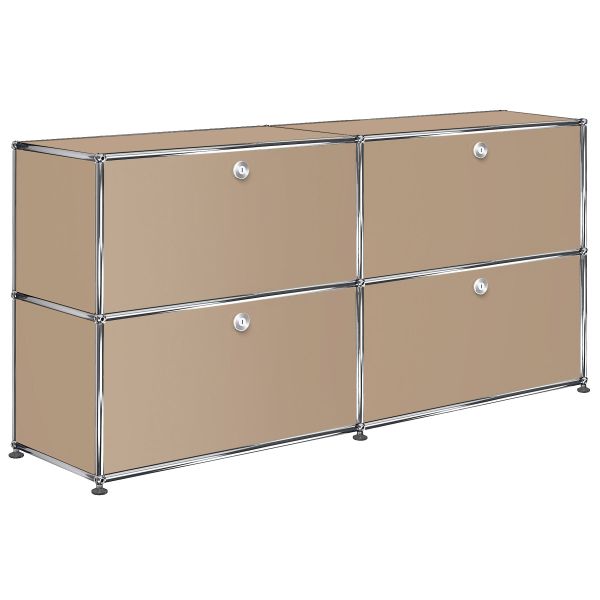 USM Haller Sideboard mit 4 Klapptüren in USM beige, Ausstellungsstück, mit silbernem Rahmen und vier grossen Fächern.