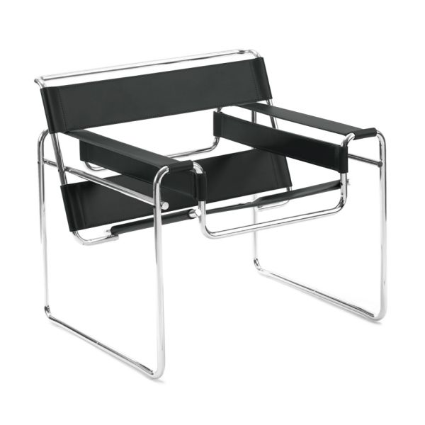Der Wassily Sessel (Leder) ist ein moderner, vom Bauhaus inspirierter Stuhl mit einem verchromten Gestell und Sitz, Rückenlehne und Armlehnen aus schwarzem Leder.