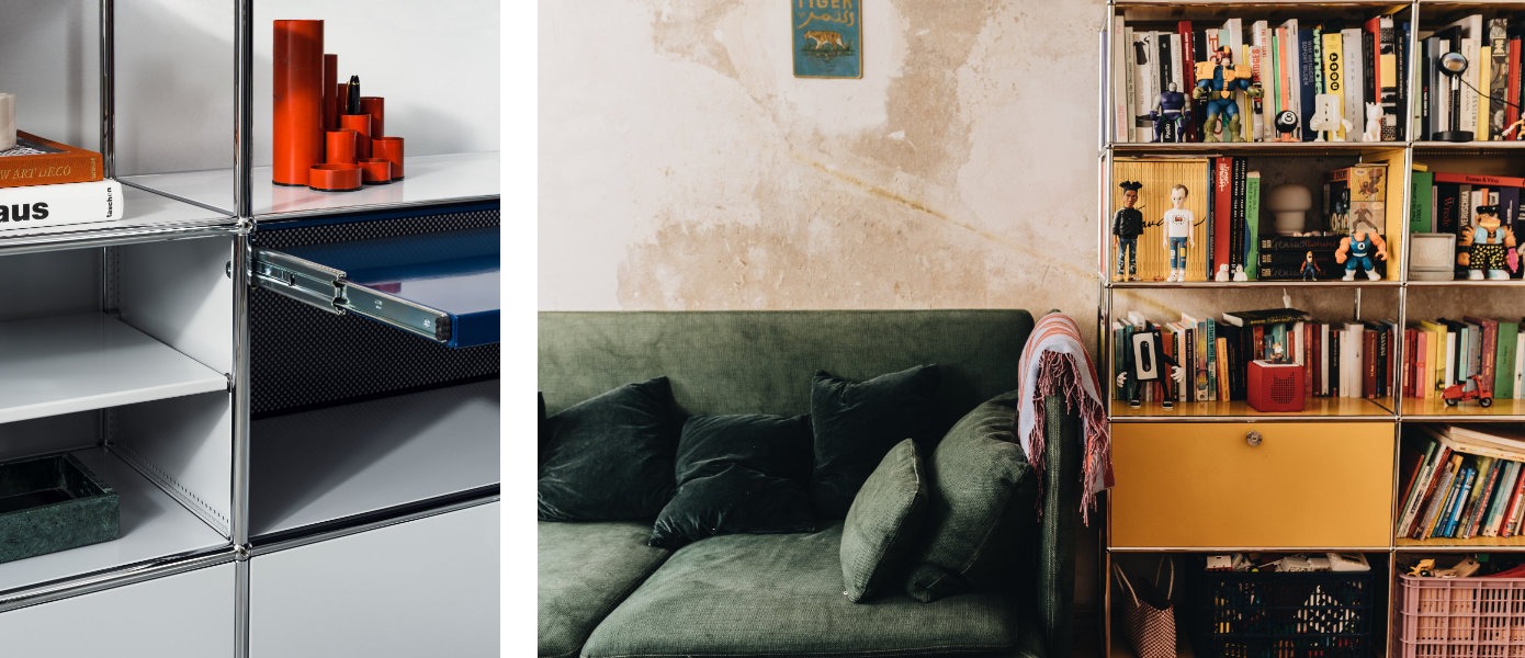 USM Detailansicht weißes Regal, daneben grünes Sofa mit gelbem USM Regal.