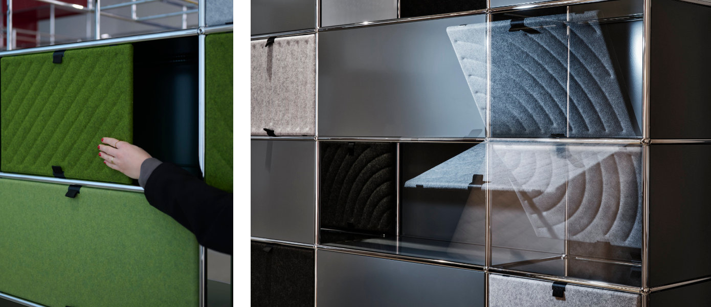 USM Haller Soft Panels in den Farben Grün und Taupe, klappbar und verschiebbar.