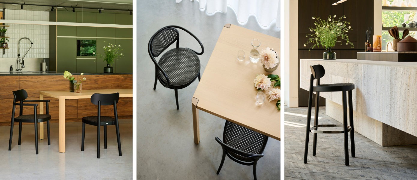 Thonet Stühle mit Rohrgeflecht in Dark Melange zum Aktionspreis.