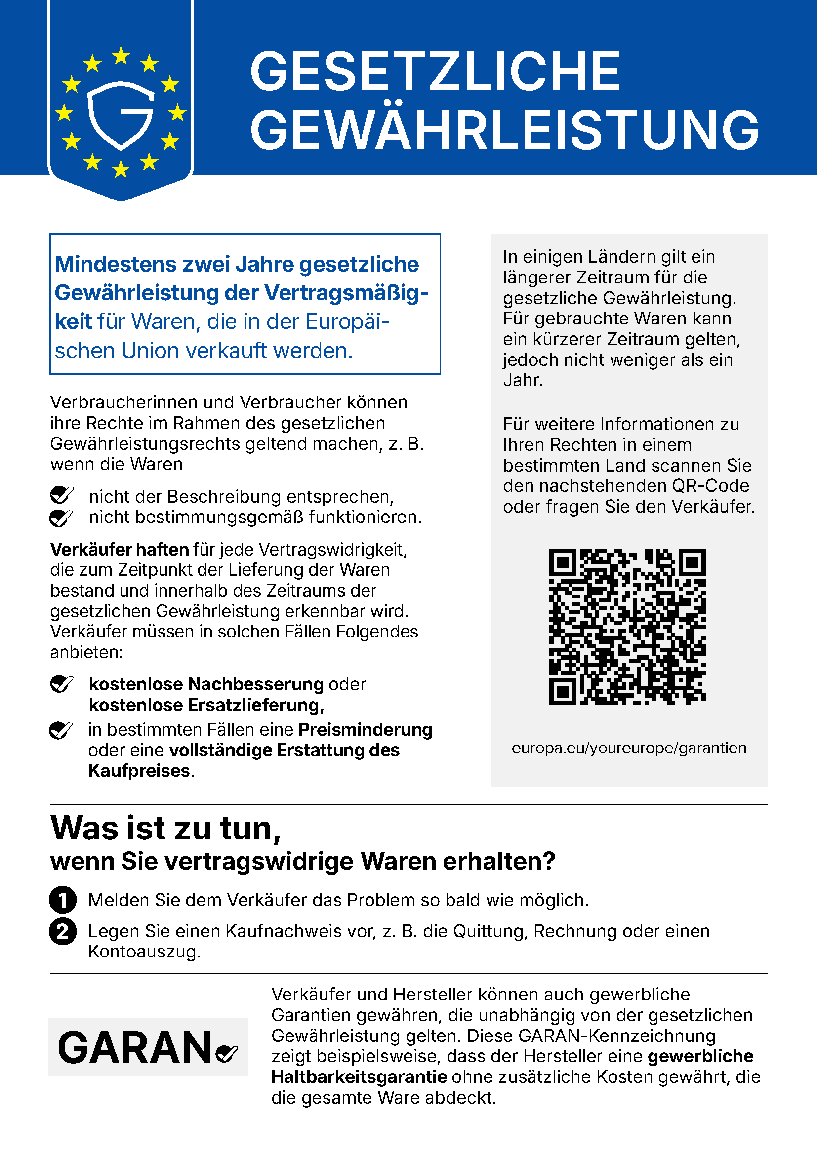 Informationsblatt der Europäischen Union zur gesetzlichen Gewährleistung: mindestens zwei Jahre Gewährleistung der Vertragsmäßigkeit für Waren, die in der Europäischen Union verkauft werden